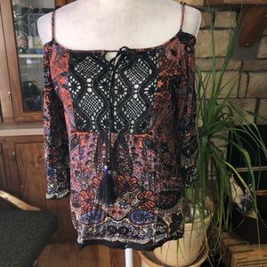 ANGIE SIZE LARGE MULTICOLORED COLD SHOULDER BOHO STYLE BLOUSE PAISLEY PATTERN